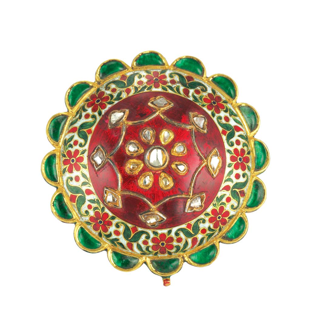 Appraisal: Indian Gold Jaipur Enamel Foiled-Back Diamond and Emerald Pendant-Brooch Jaipur