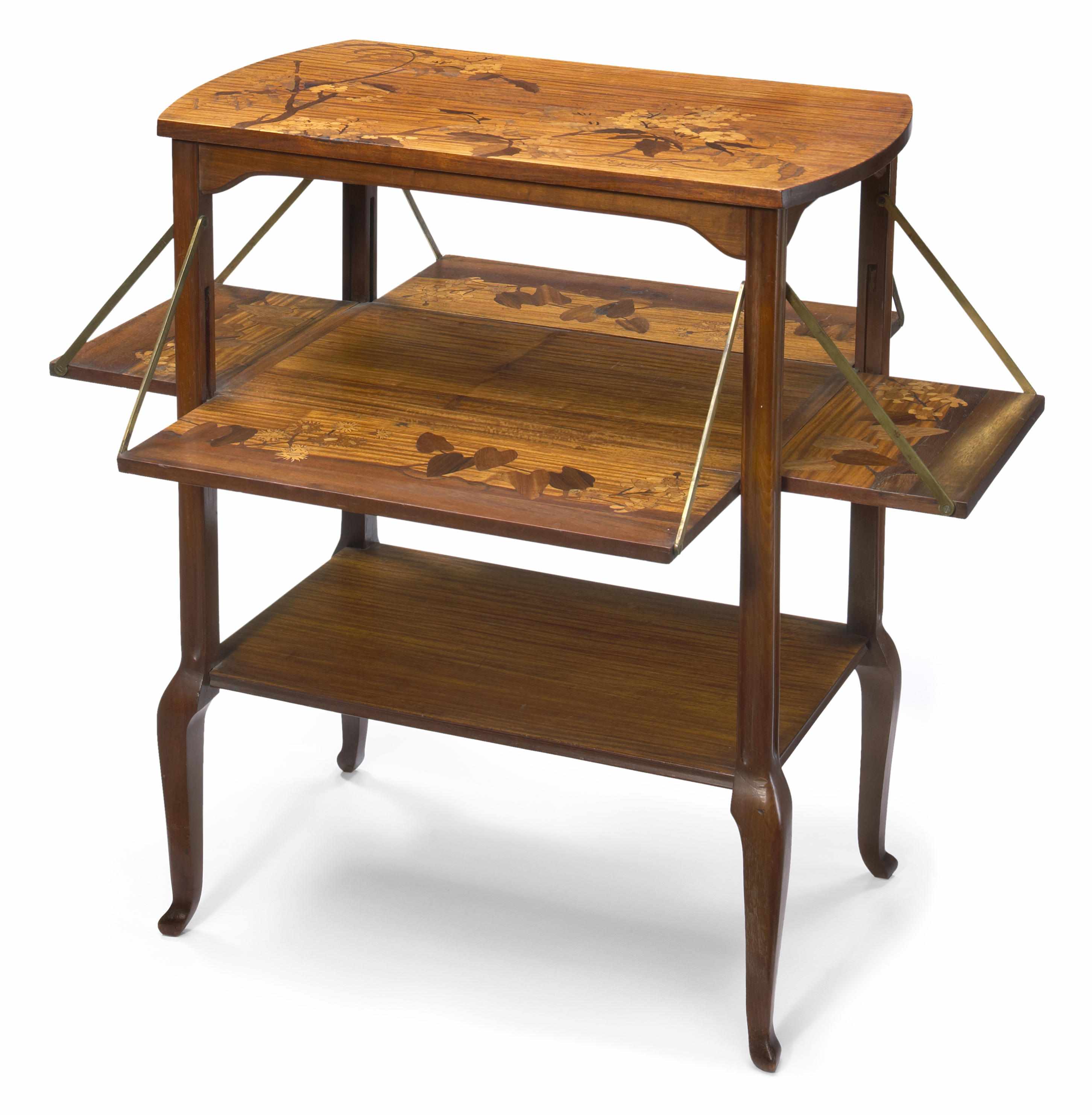 Appraisal: A Louis Majorelle fruitwood marquetry three-tiered tea table circa circa