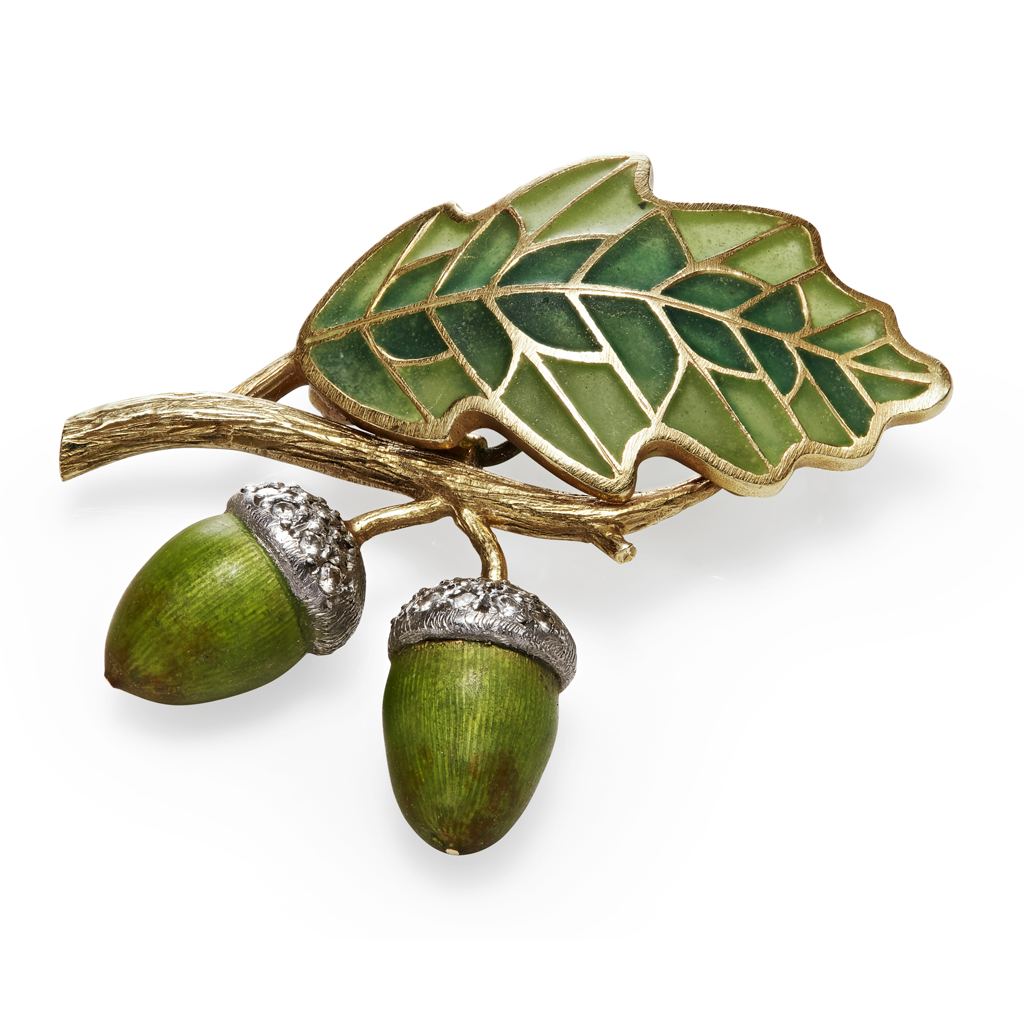 Appraisal: A plique-a-jour enamel brooch modelled as two acorns and an