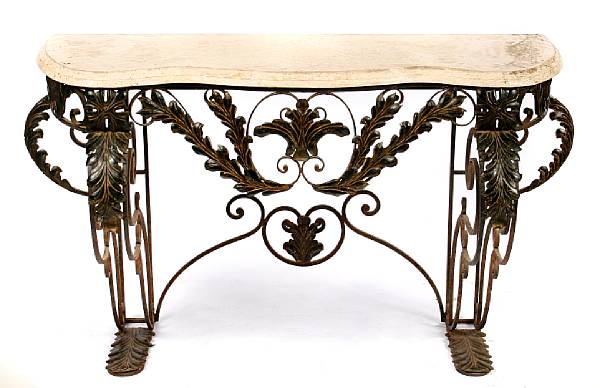 Appraisal: A pair of Neoclassical style wrought iron consoles with marble