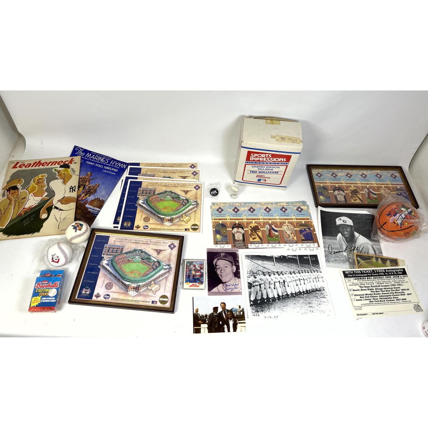 Appraisal: Baseball collectible lot Negro league Jimmy Dean autograph Tickets Leatherneck