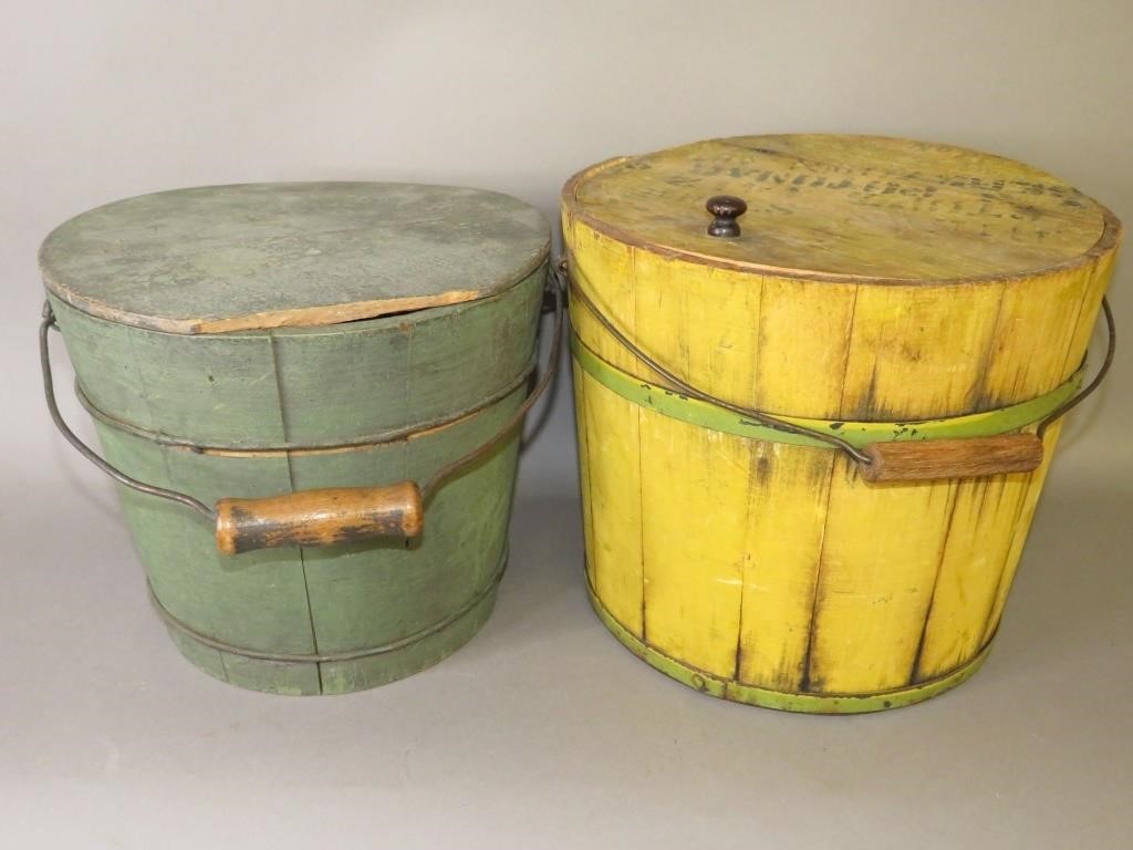 Appraisal: PAINTED WOODEN WIRE HANDLE LIDDED BUCKETSca - yellow painted mincemeat