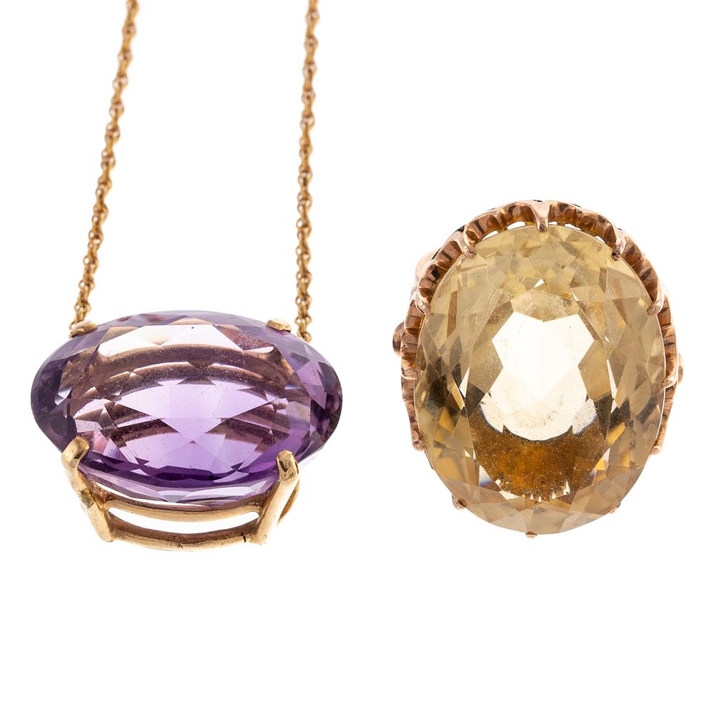 Appraisal: A Large Citrine Ring Amethyst Pendant in K K yellow