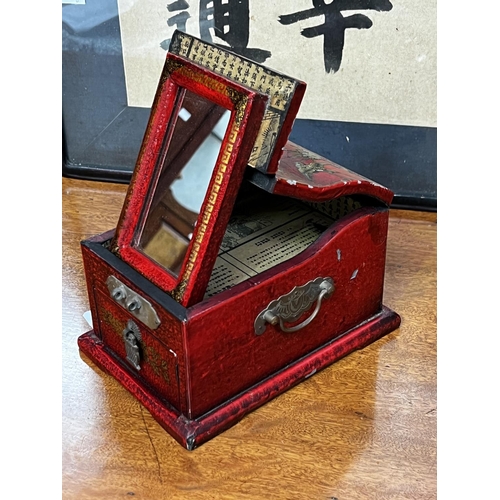 Appraisal: Chinese red lacquer flip top make up box approx cm