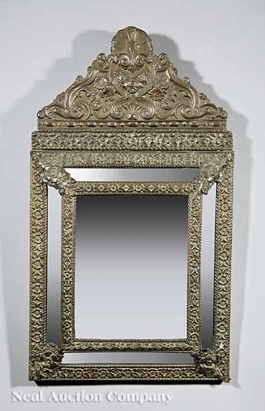 Appraisal: An Antique Queen Anne-Style Stamped Brass Looking Glass arched scalloped