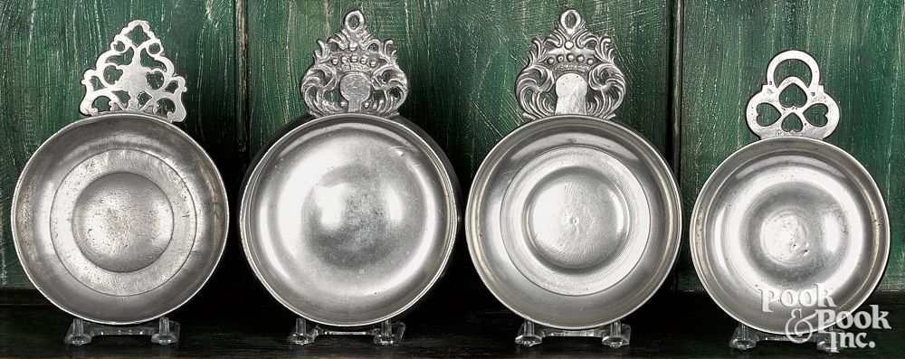 Appraisal: Four pewter porringers th c Four pewter porringers th c