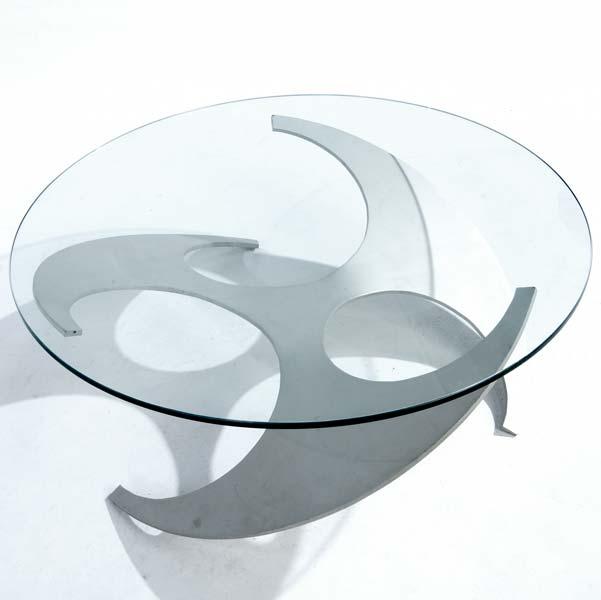 Appraisal: MODERN Coffee table on blade-shaped steel base with glass top