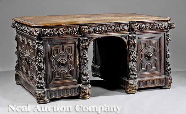 Appraisal: A Continental Renaissance Revival Carved Oak Partner's Desk mid- th