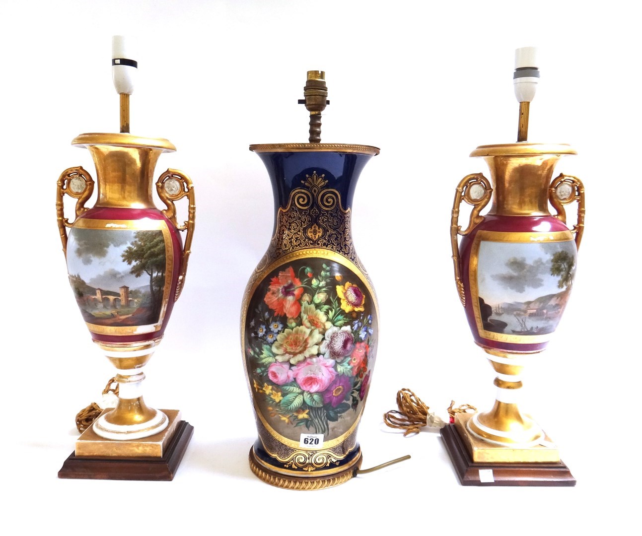 Appraisal: Three porcelain vases mounted as table lamps the pair circa