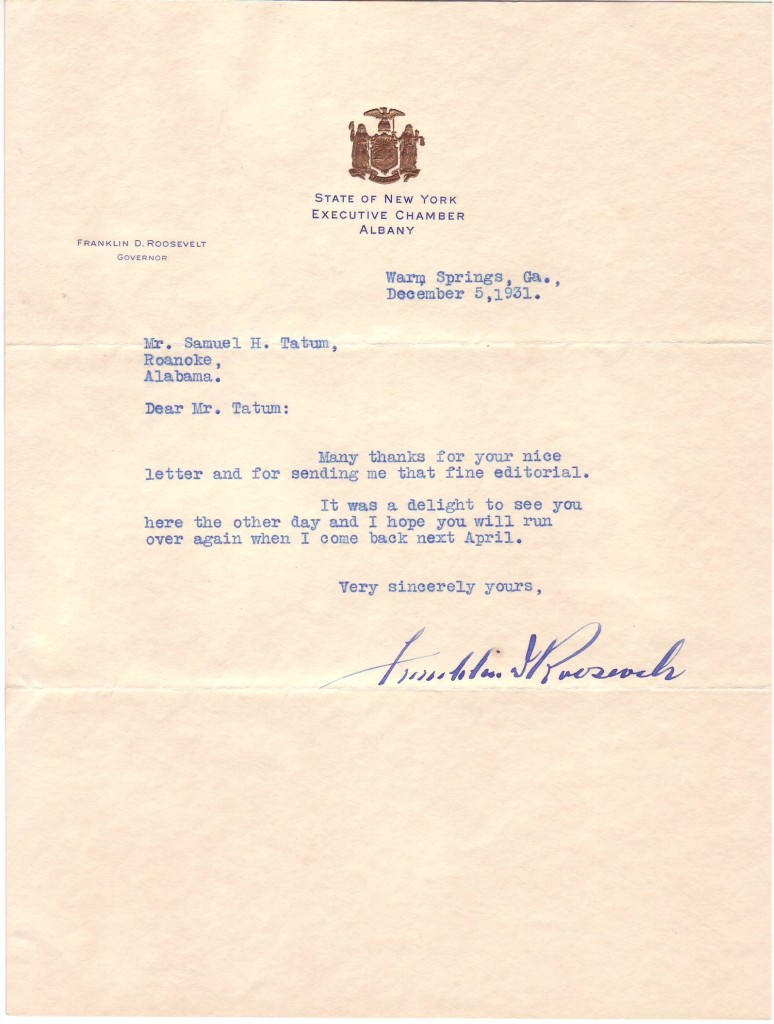 Appraisal: ROOSEVELT FRANKLIN D Typed Letter Signed as Governor to Samuel