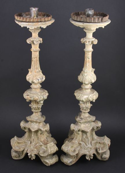 Appraisal: th Century Italian carved wood candlesticks having tin bobeches h