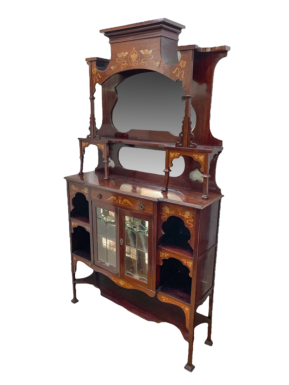 Appraisal: INLAID ART NOUVEAU ETAGERE DISPLAY CABINET Art nouveau inlaid Etagere