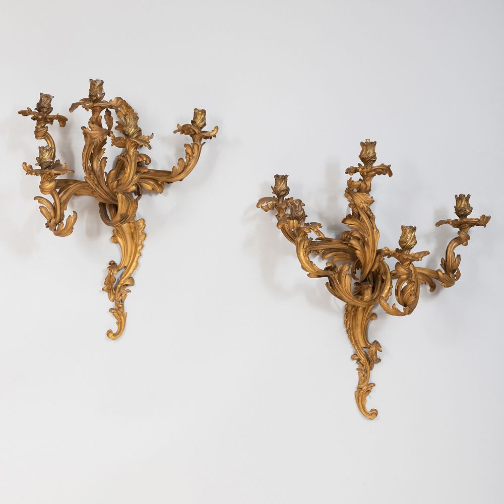 Appraisal: Pair of Large Louis XV Style Gilt-Bronze Five Light Sconces