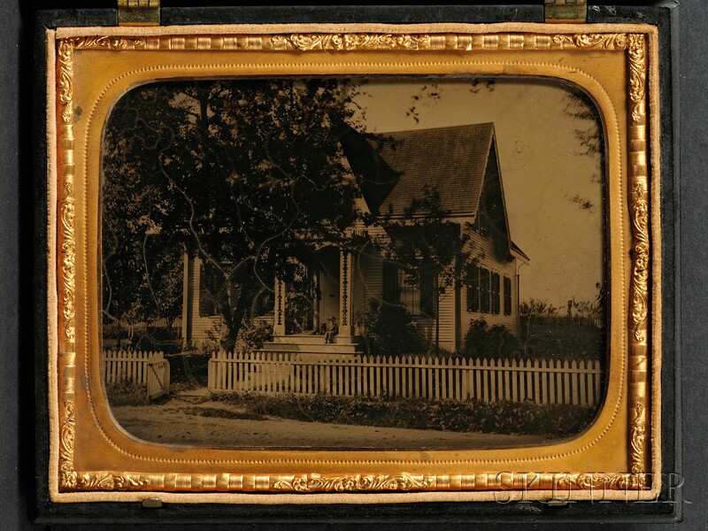 Appraisal: Half Plate Ambrotype of a Gothic Cottage with a Boy