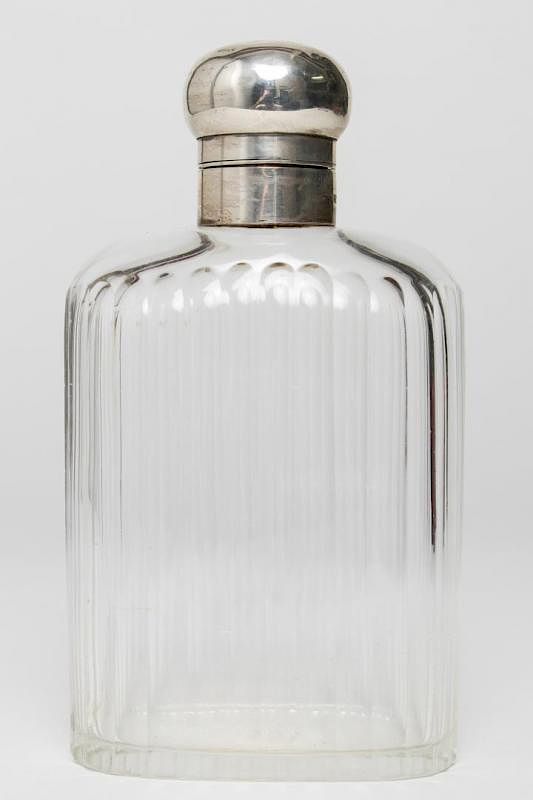 Appraisal: Birmingham Sterling Silver Glass Flask English Birmingham sterling silver and