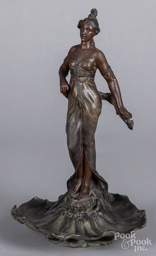 Appraisal: Art Nouveau patinated white metal female sculptur Art Nouveau patinated