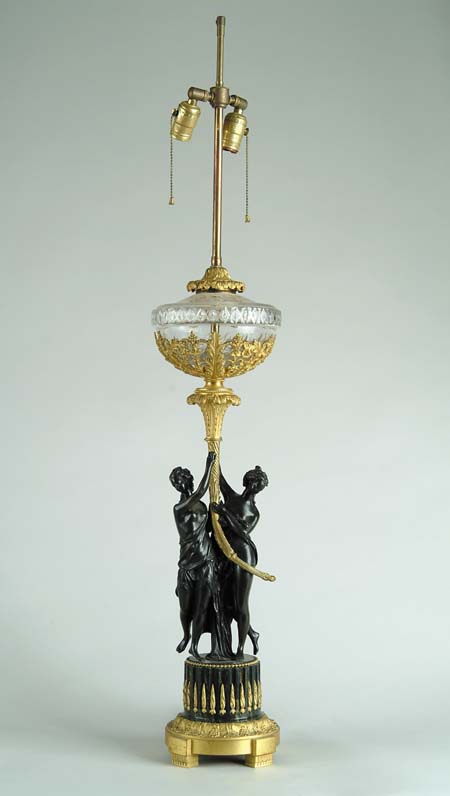 Appraisal: OUTSTANDING FRENCH BRONZE GLASS AND ORMOLU TABLE LAMP French Empire