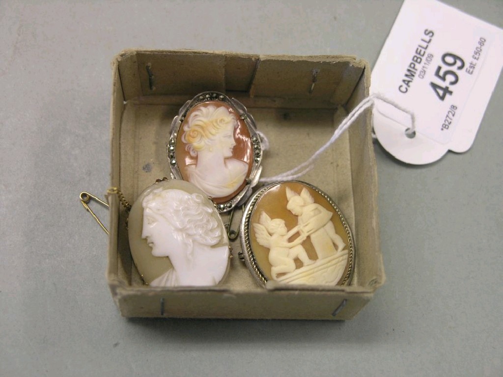 Appraisal: A cameo brooch on marcasite mount and two other cameo