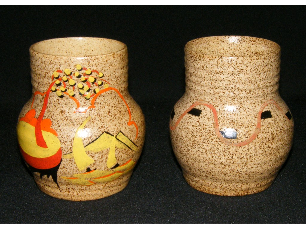 Appraisal: Two similar Clarice Cliff 'Goldstone' Bizarre vases one painted with