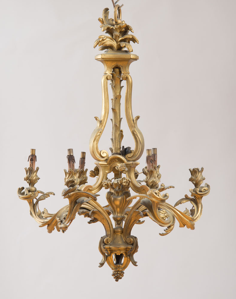 Appraisal: LOUIS XV STYLE GILT-BRONZE SIX-LIGHT CHANDELIER The foliate corona fitted