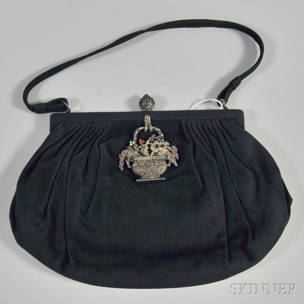 Appraisal: Black Suede Pouch France s with marcasite and colored stone-encrusted