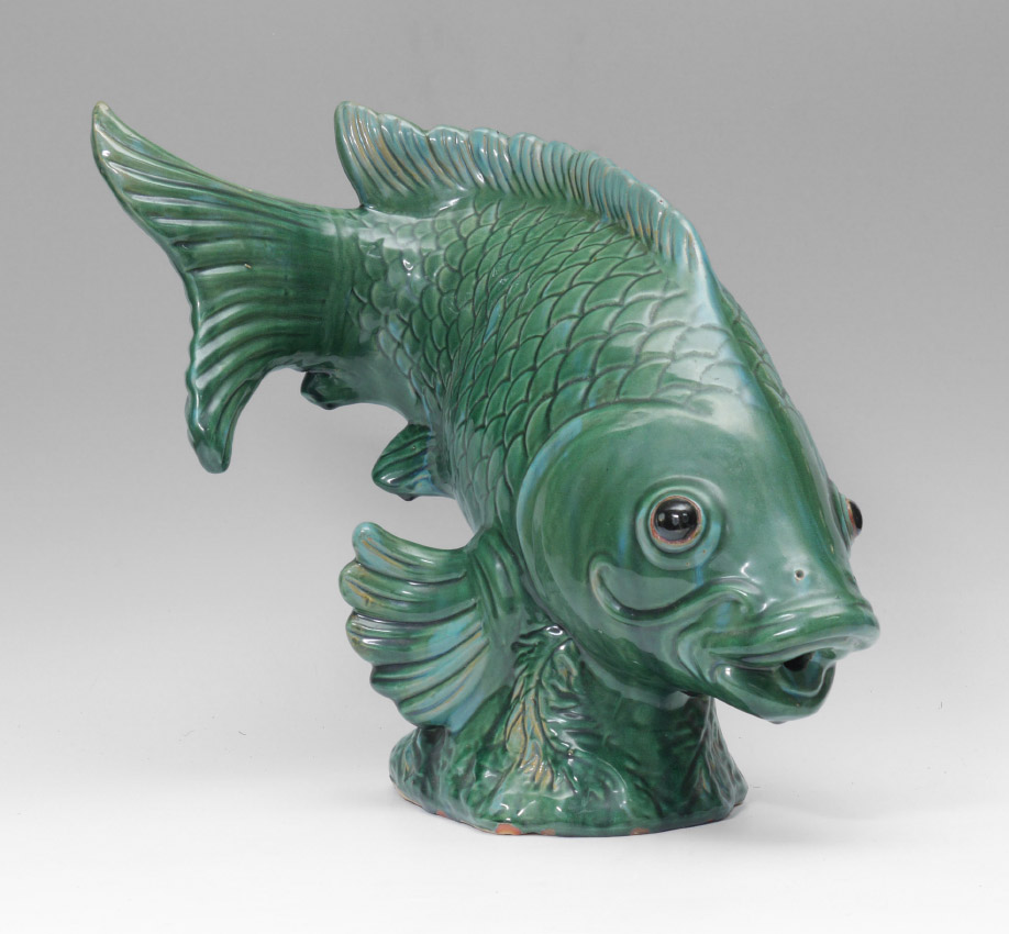 Appraisal: LARGE EARTHENWARE KOI FISH FIGURE Overall green glaze open mouth