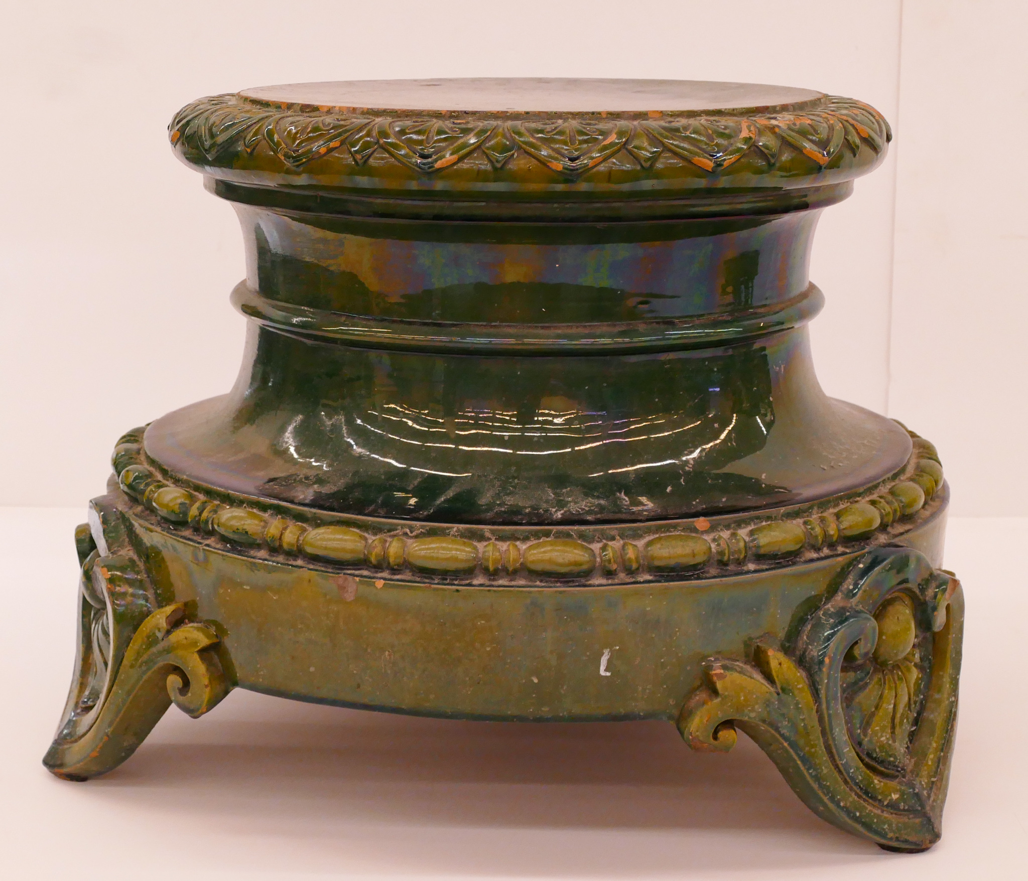 Appraisal: Antique Green Majolica Pedestal Plant Stand- x '' with scattered