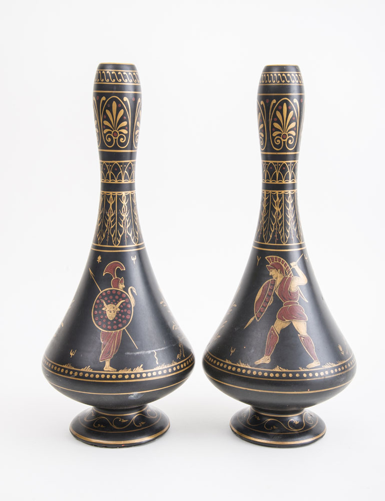 Appraisal: PINON HEUZE Pair of Egyptian Revival tall earthenware vases marked