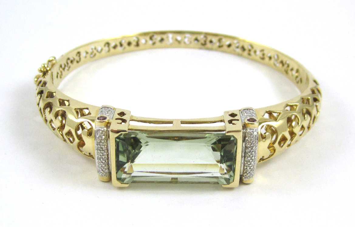 Appraisal: LAURA RAMSEY PRASIOLITE AND DIAMOND BANGLE k yellow and white