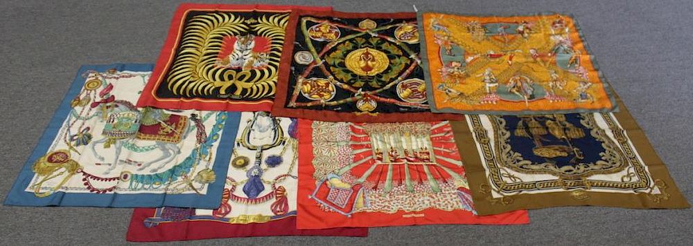 Appraisal: COUTURE Grouping of Hermes Silk Scarves Includes an Hermes Frontaux