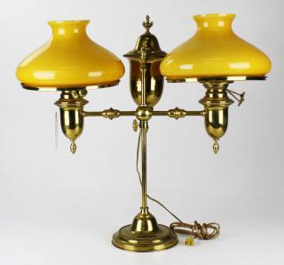 Appraisal: late th c double shade student lamp yellow cased glass