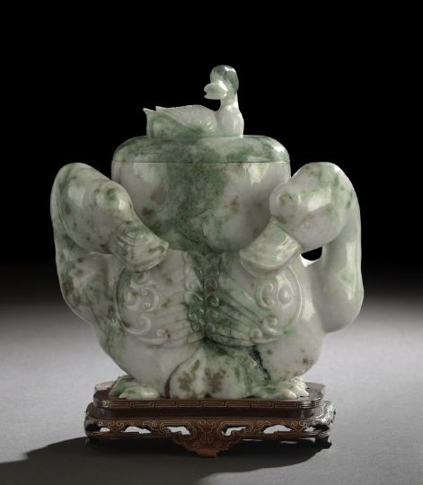 Appraisal: Large Chinese Carved Jade Covered Vase carved from Burmese jadeite