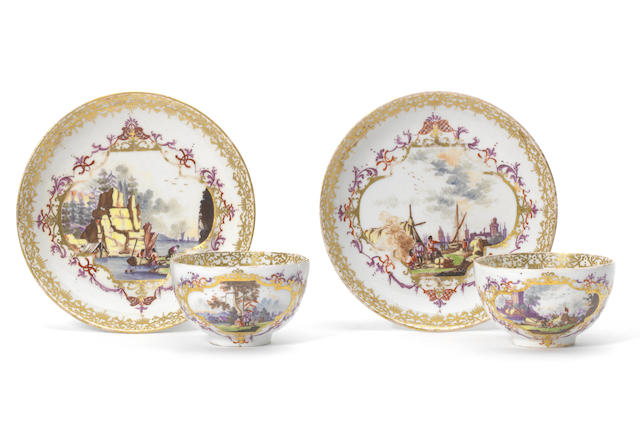 Appraisal: A pair of Meissen teabowls and saucers circa Painted with