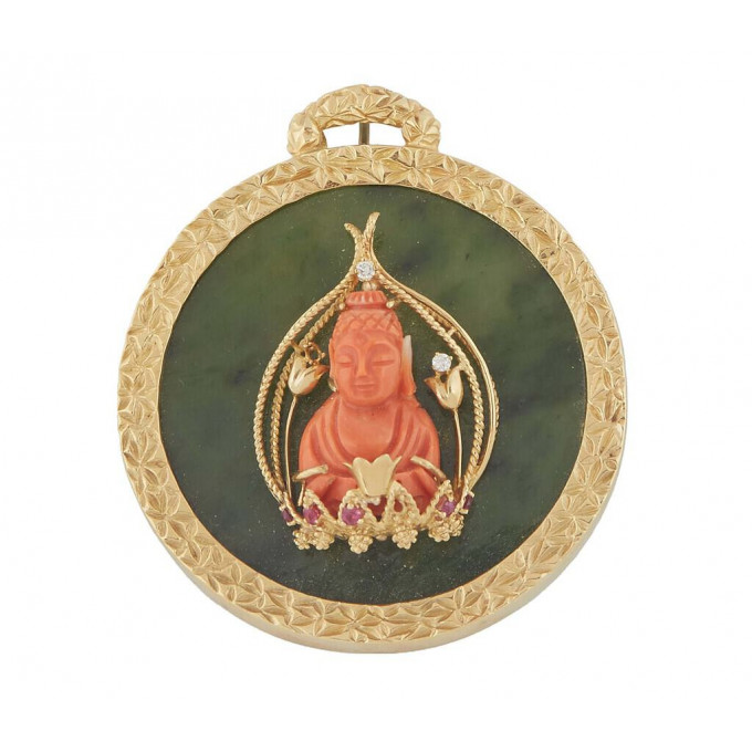 Appraisal: K Gold and Coral Oriental Pendant Brooch with a seated