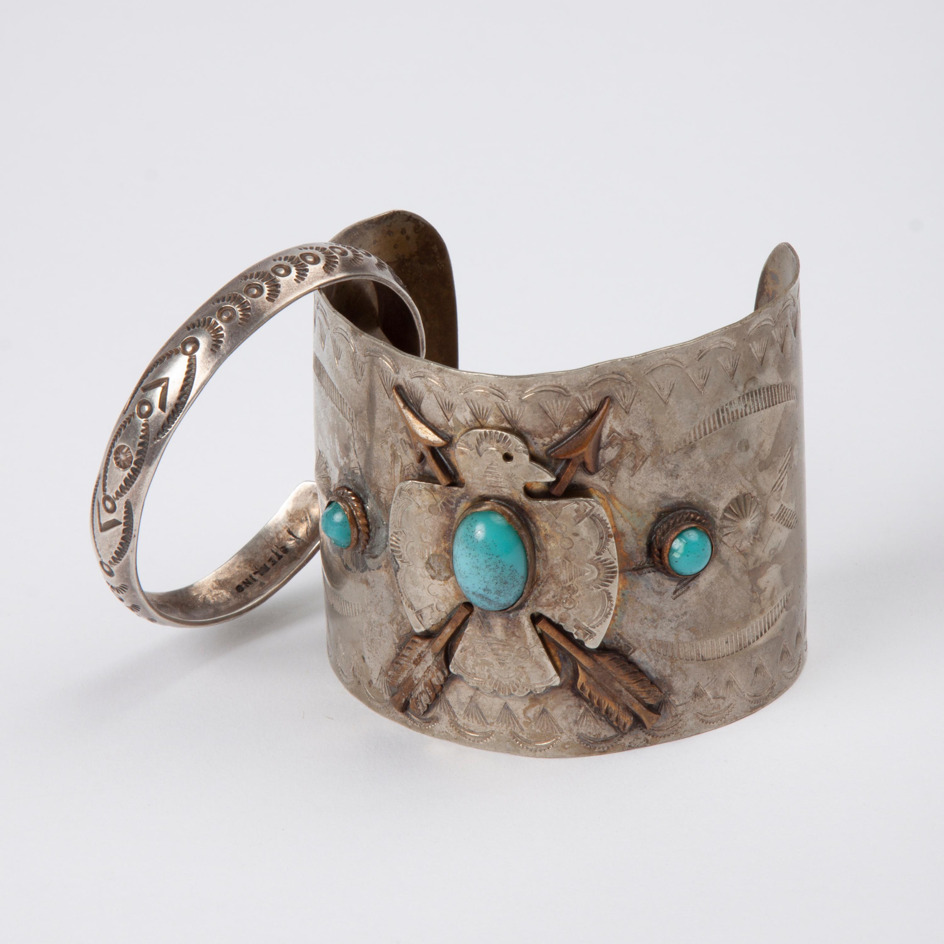 Appraisal: THUNDERBIRD CUFF AND NATIVE AMERICAN BRACELET A large thunderbird cuff