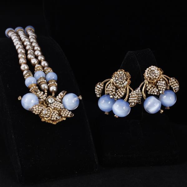 Appraisal: Miriam Haskell pc Blue Moonstone Glass Rhinestone Gilt Brass Floral