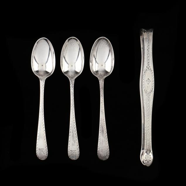 Appraisal: GEORGE III SILVER SUGAR TONGS AND THREE TEASPOONS MARKS OF