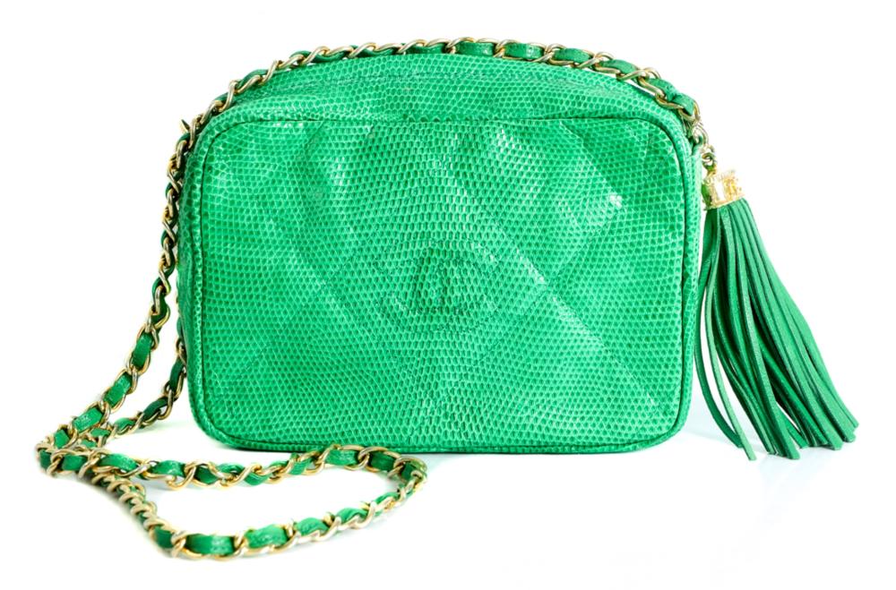 Appraisal: RARE CHANEL GREEN CC LIZARD LEATHER CAMERA BAGChanel rare green