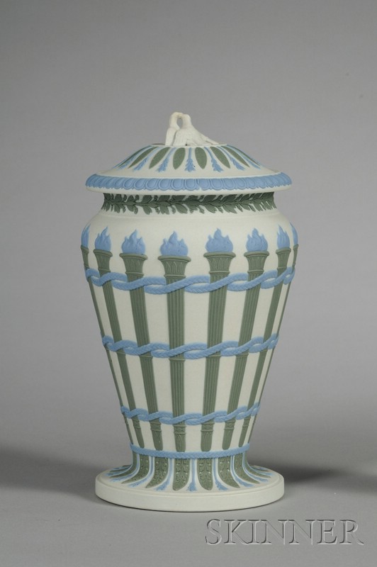 Appraisal: Wedgwood Three-Color Jasper Torches Vase and Cover England early th