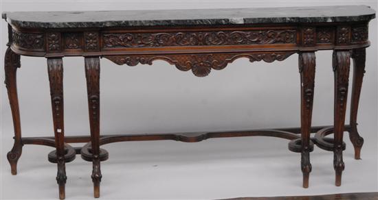 Appraisal: MARBLE TOPPED CARVED SIDEBOARD Mahogany with center apron drawer with