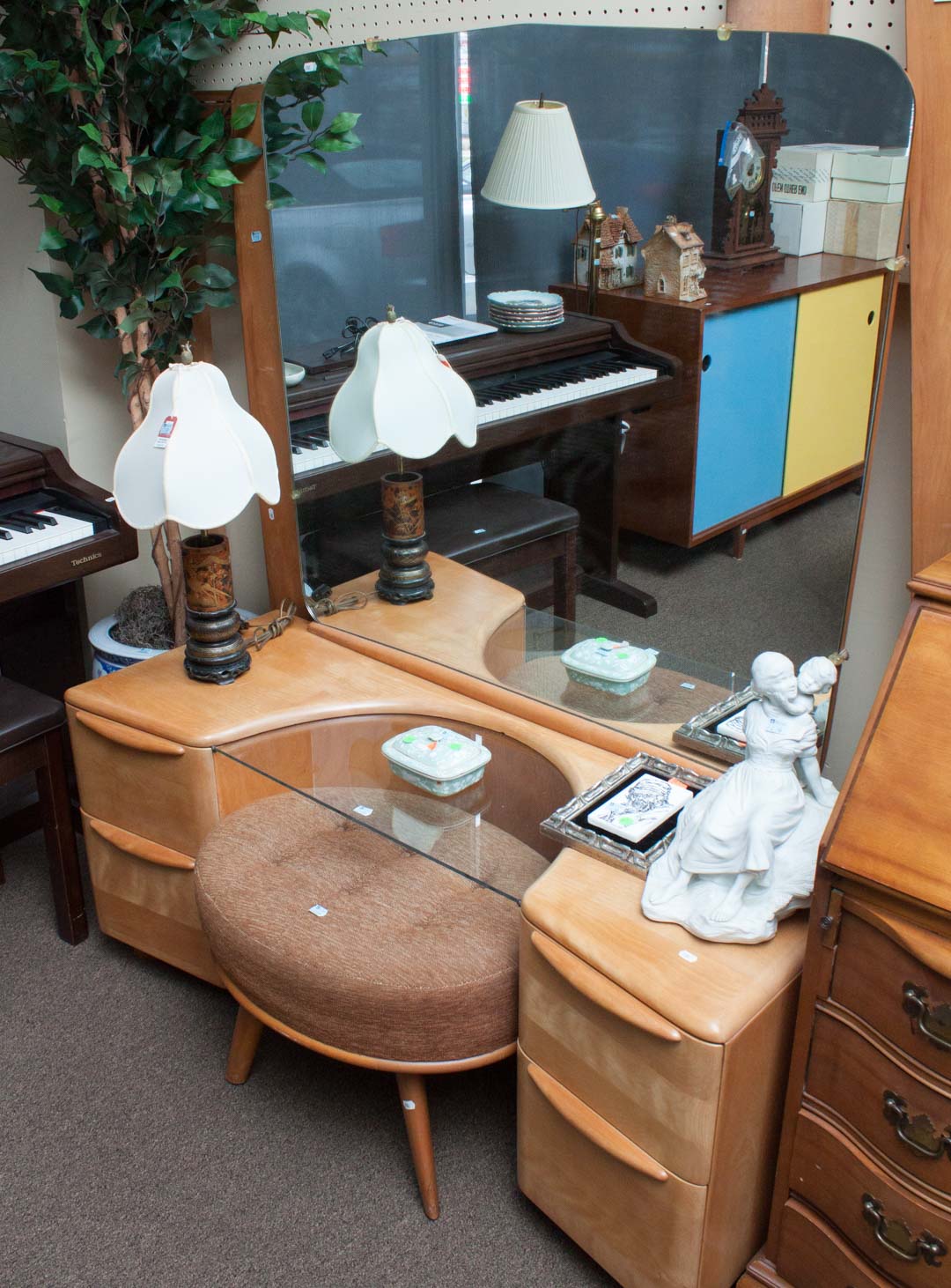 Appraisal: Mid-century bedroom set including blond mirror dresser with stool and