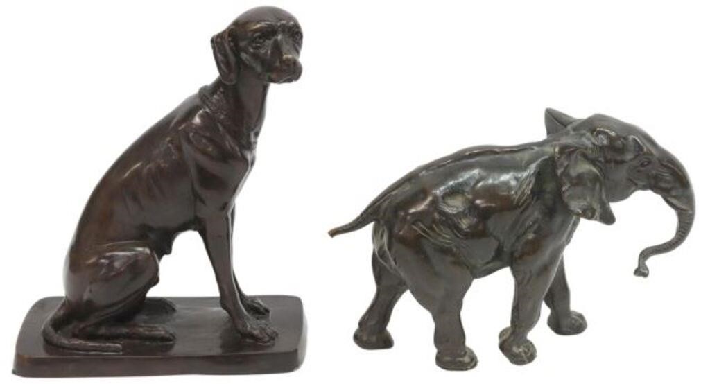 Appraisal: lot of Patinated bronze sculptures including seated dog signed in