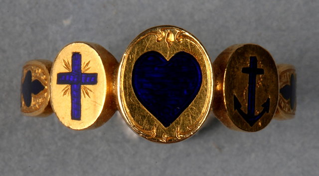 Appraisal: A VICTORIAN GOLD AND ENAMEL 'LOVE HOPE AND CHARITY' RING