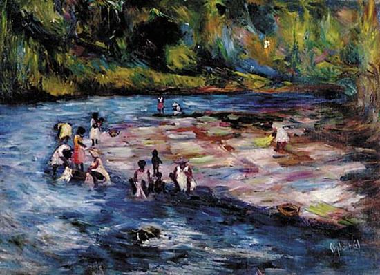 Appraisal: R Oliphant Jamaican th century WASHING CLOTHES IN THE RIVERoil