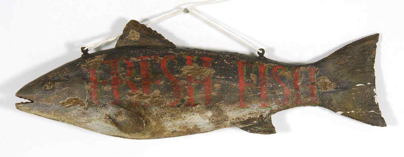 Appraisal: PAINTED WOODEN CODFISH-SHAPED SIGNFresh Fish'' with red and green lettering