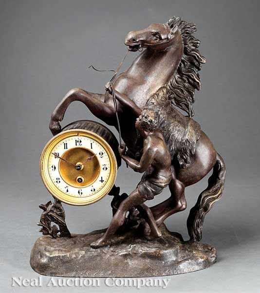 Appraisal: An Antique French Patinated Metal Figural Mantel Clock late th