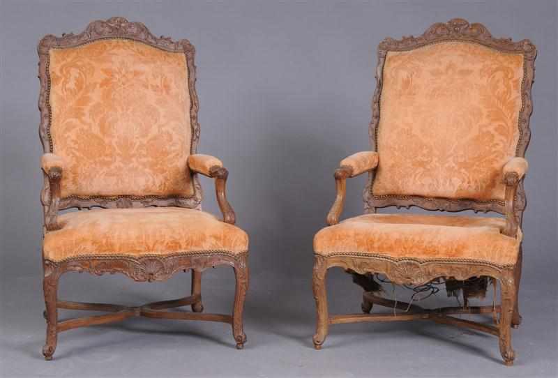 Appraisal: PAIR OF R GENCE STYLE CARVED BEECHWOOD FAUTEUILS LA REINE