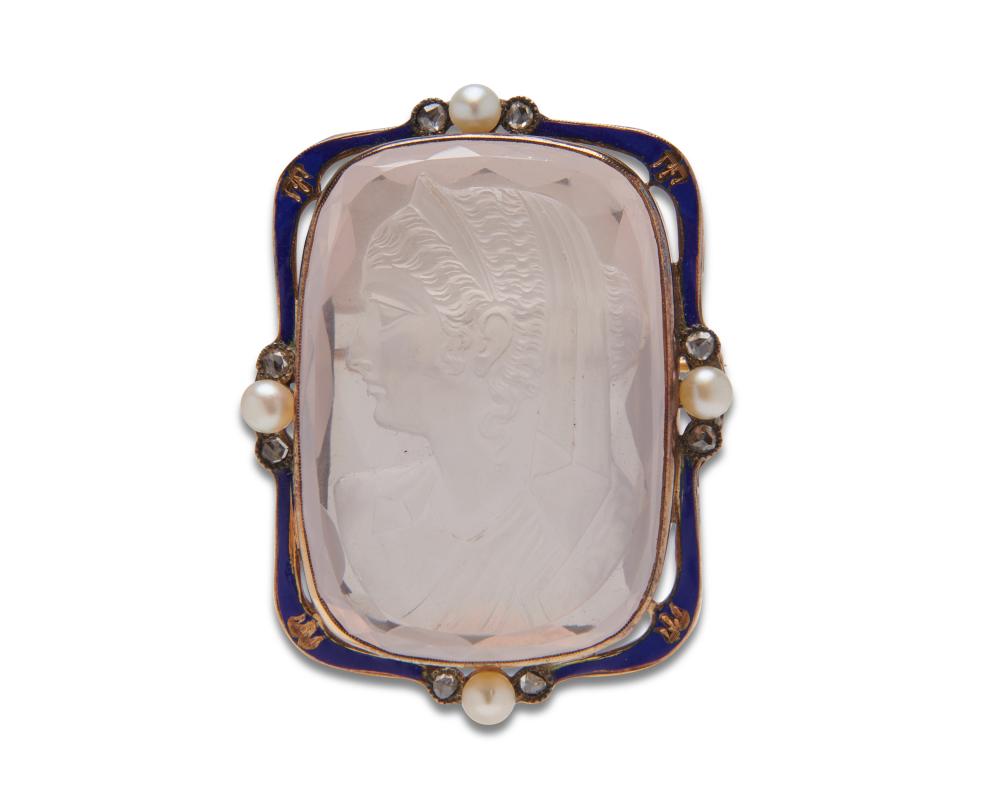 Appraisal: K Yellow Gold Carved Rose Quartz Enamel Pearl and Diamond