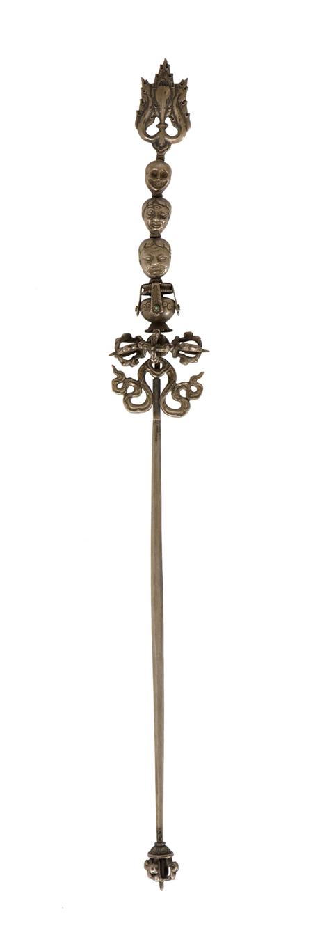 Appraisal: SILVERED METAL CEREMONIAL STAFF OR KHATVANGA with flaming finial above