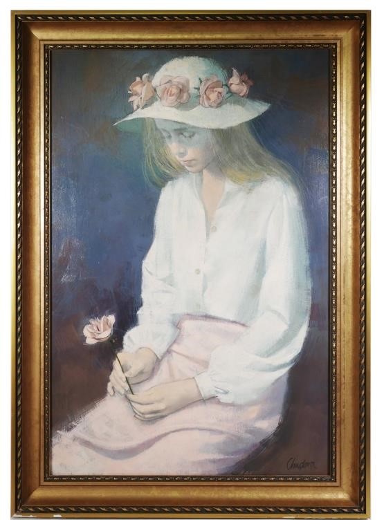 Appraisal: Oil on panel painting of a girl with flowers circa